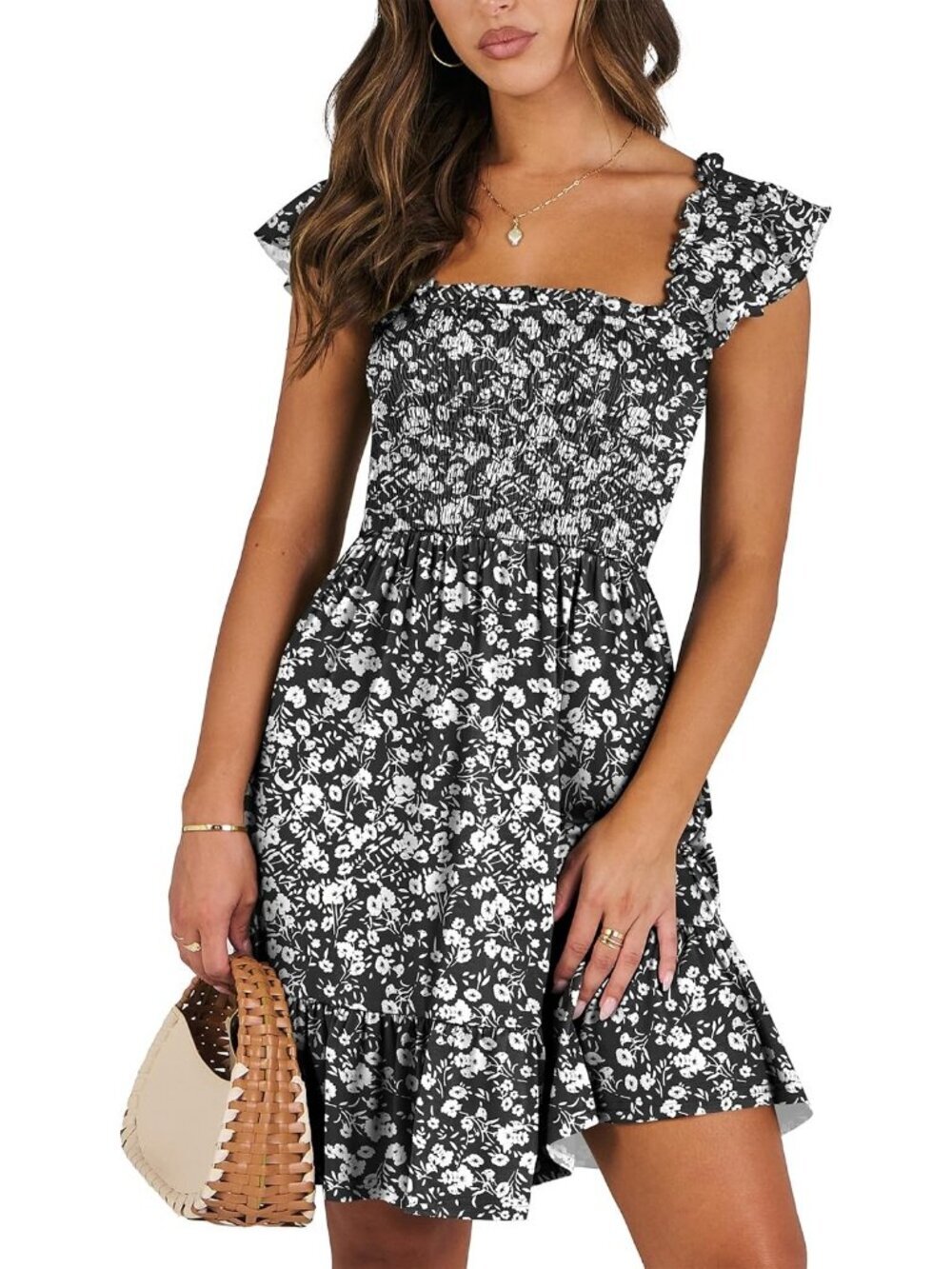 Women's Summer Sleeveless Square Neck Dress Black White Smocked Ruffle Backless